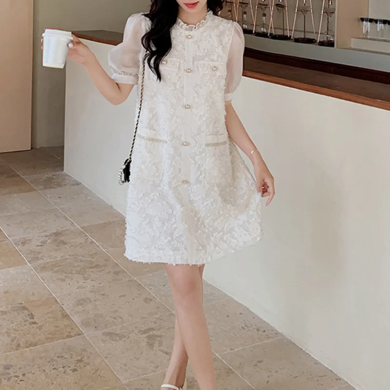 French Lotus Leaf Collar Sweet Small Fragrance Patchwork Loose Slim Short Sleeve Summer Women Temperament White Dresses Vestidos