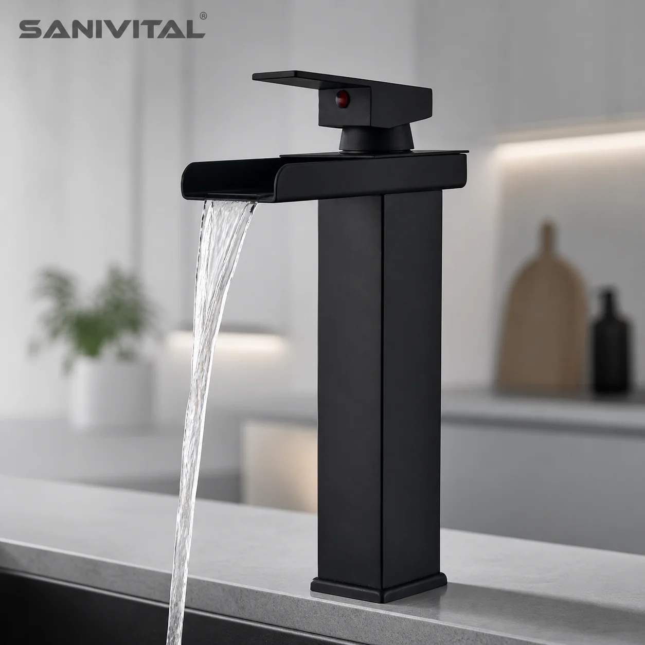 

SANIVITAL Modern Matte Black Tall Waterfall Bathroom Sink Faucet Single Handle Hot Cold Mixer Tap for Bathroom using