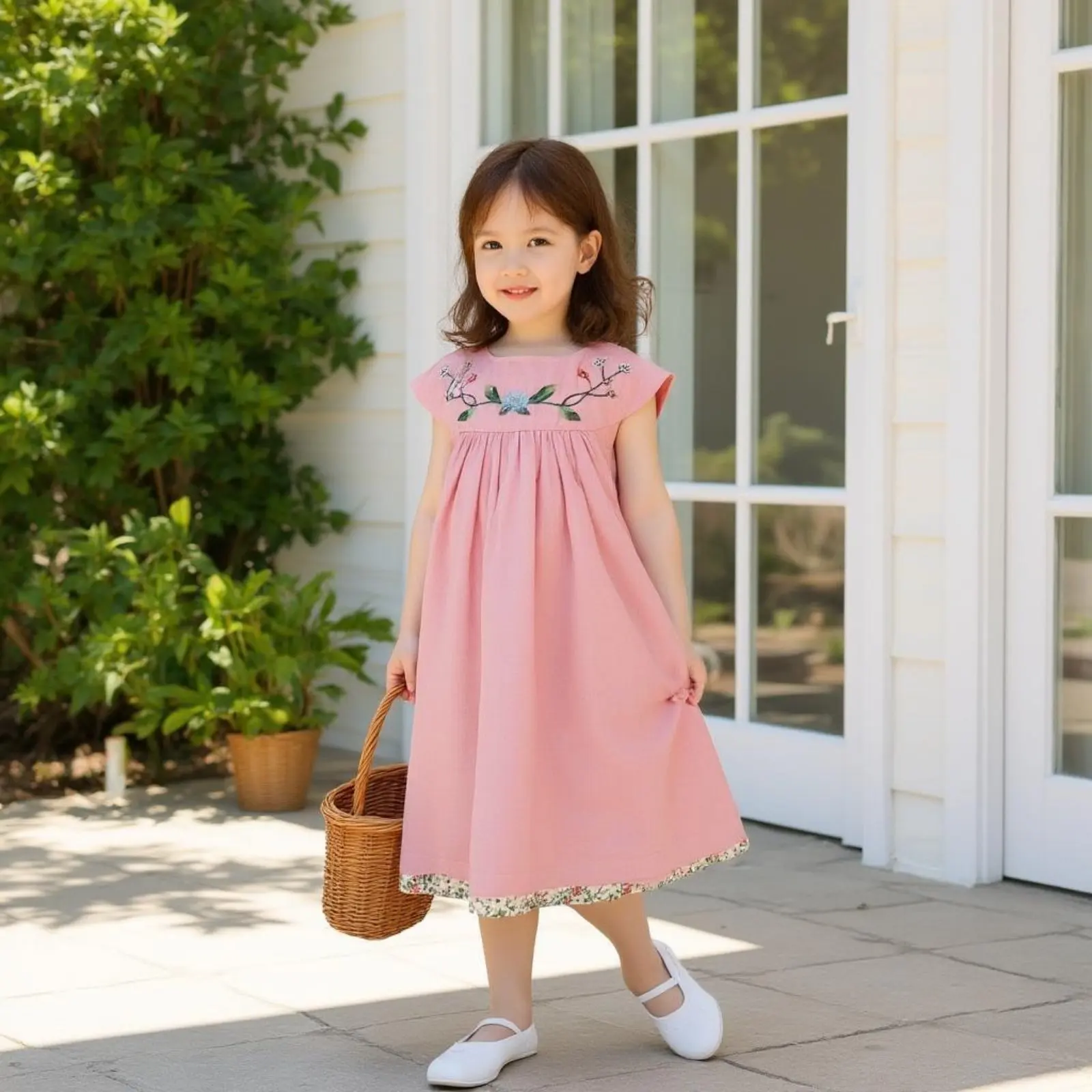 Embroidered Summer Dress Sweet Design Floral Dress Sundress Soft Material Kids Wear Back Tie Design for Outing