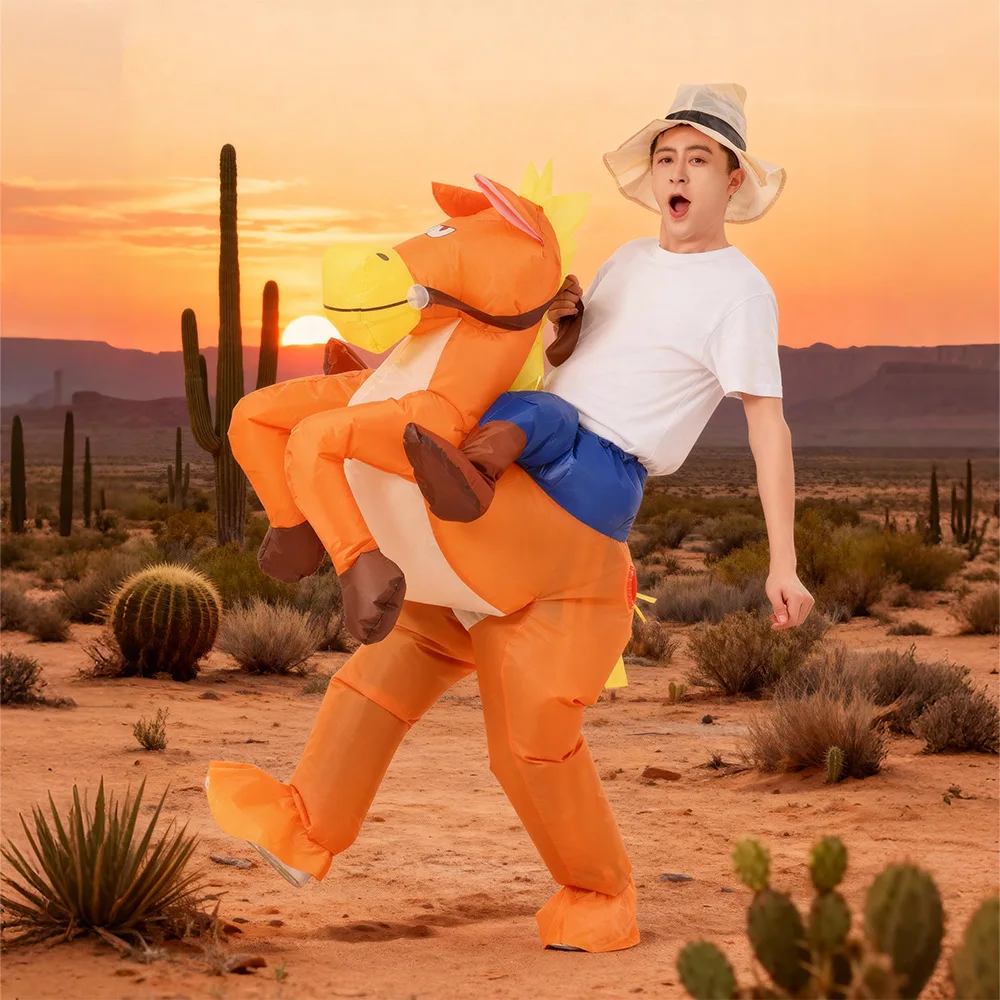 Disfraz inflable de caballero con forma de caballo para adulto, traje inflable divertido y feliz para fiesta y evento