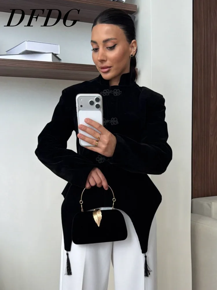 

DFDG Women's Spring Summer Mandarin Collar Frog Button Velvet Asymmetric Hem Blazer Clubwear 2026 Trendy Feminine Fashion Blazer