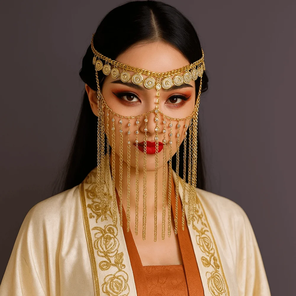 

Coin Bell Belly Dance Face Veil Gold Ethnic Style Curtain Head Chain Headwear Cosplay Headband Masquerade Mask Middle East