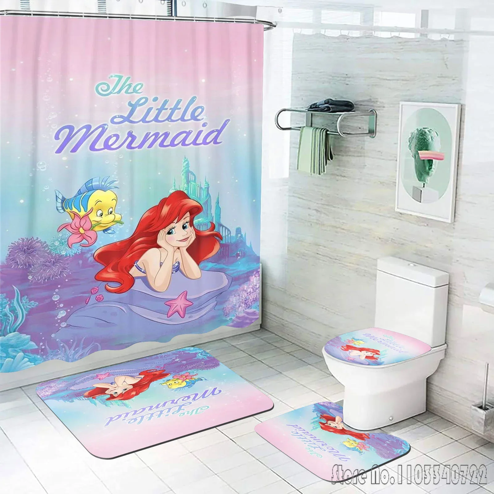 Mermaid Ariel Shower Curtain Skeleton Bathroom Accessories Decor Sets Full Set Luxury 4 Piece Mats And Waterproof Anime Home