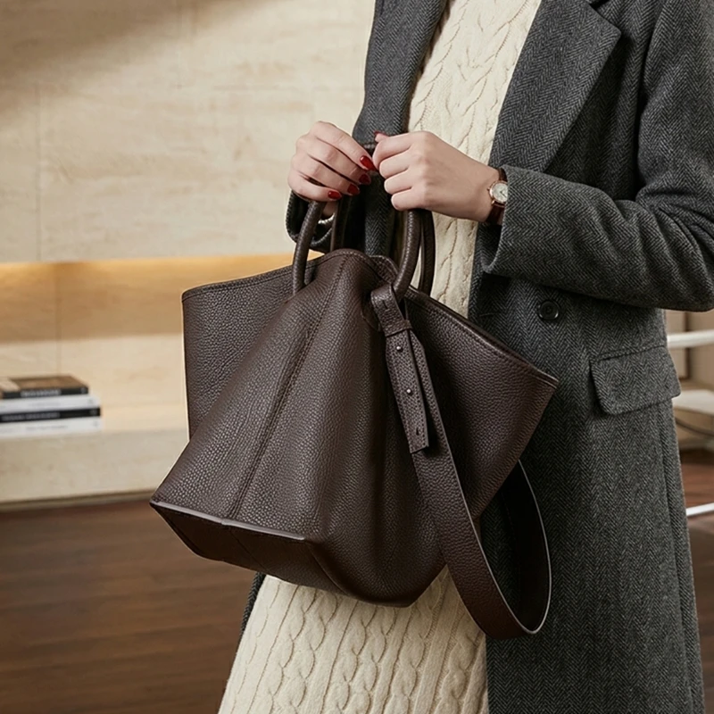 BURMINSA Luxury Genuine Leather Bucket Shoulder Bags For Women Large Capacity Winged Tote Top Office Handbags Elegant Work Purse