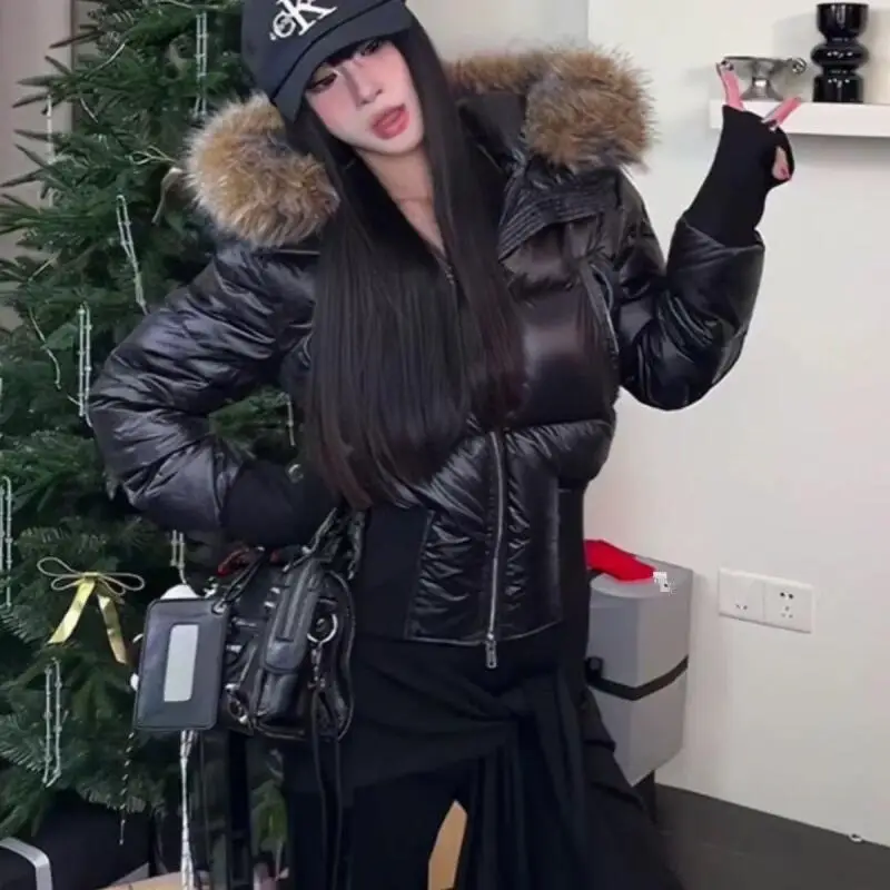 

Новое черное хлопковое стеганое пальто с меховым воротником и капюшоном, зимнее женское утепленное короткое облегающее пальто Y2K, топы для девочек, верхняя одежда, уличная одежда