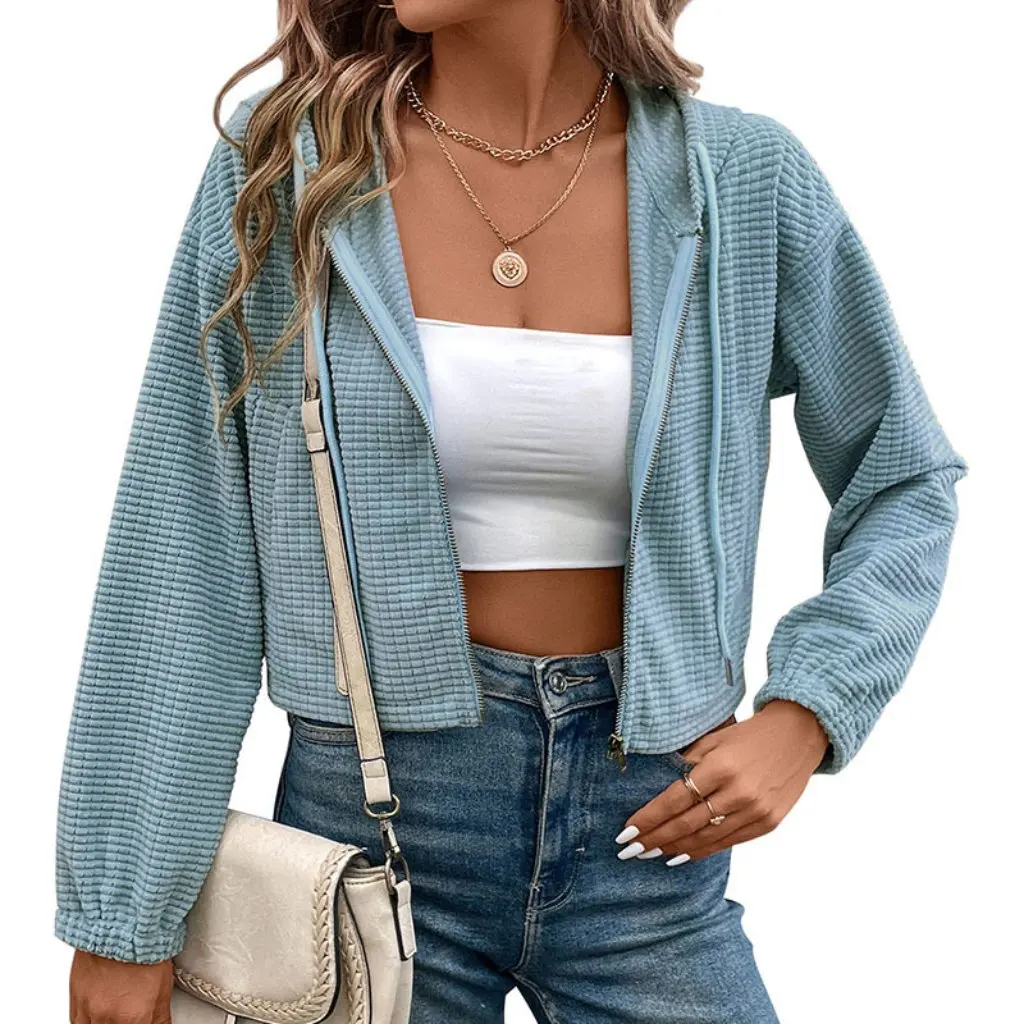 

Women's Casual Long-Sleeved Hooded Jacket Textured Pure Color European And American Style Lazy Fashion Design