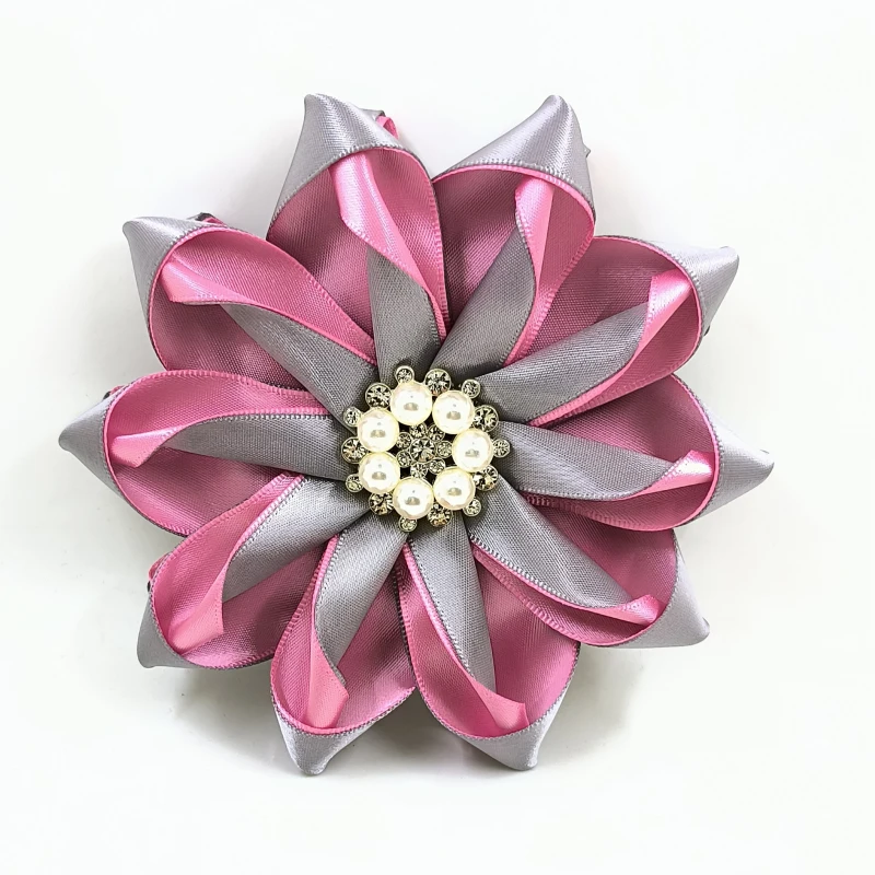 4.7 inch Doubled Satin Ribbon Corsage Ribbon Pin Brooch  Pinwheel with Rhinestone