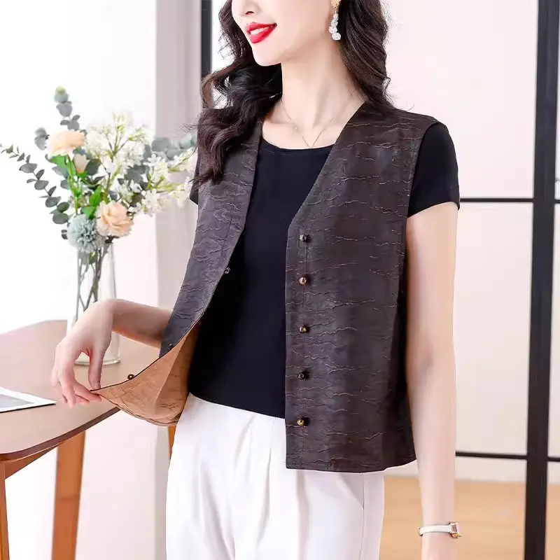 Mom's Summer Waistcoat Women 2024 New Chinese Vintage Mulberry Silk Fragrant Cloud Yarn Vest Slim Sleeveless Short Coat K1452