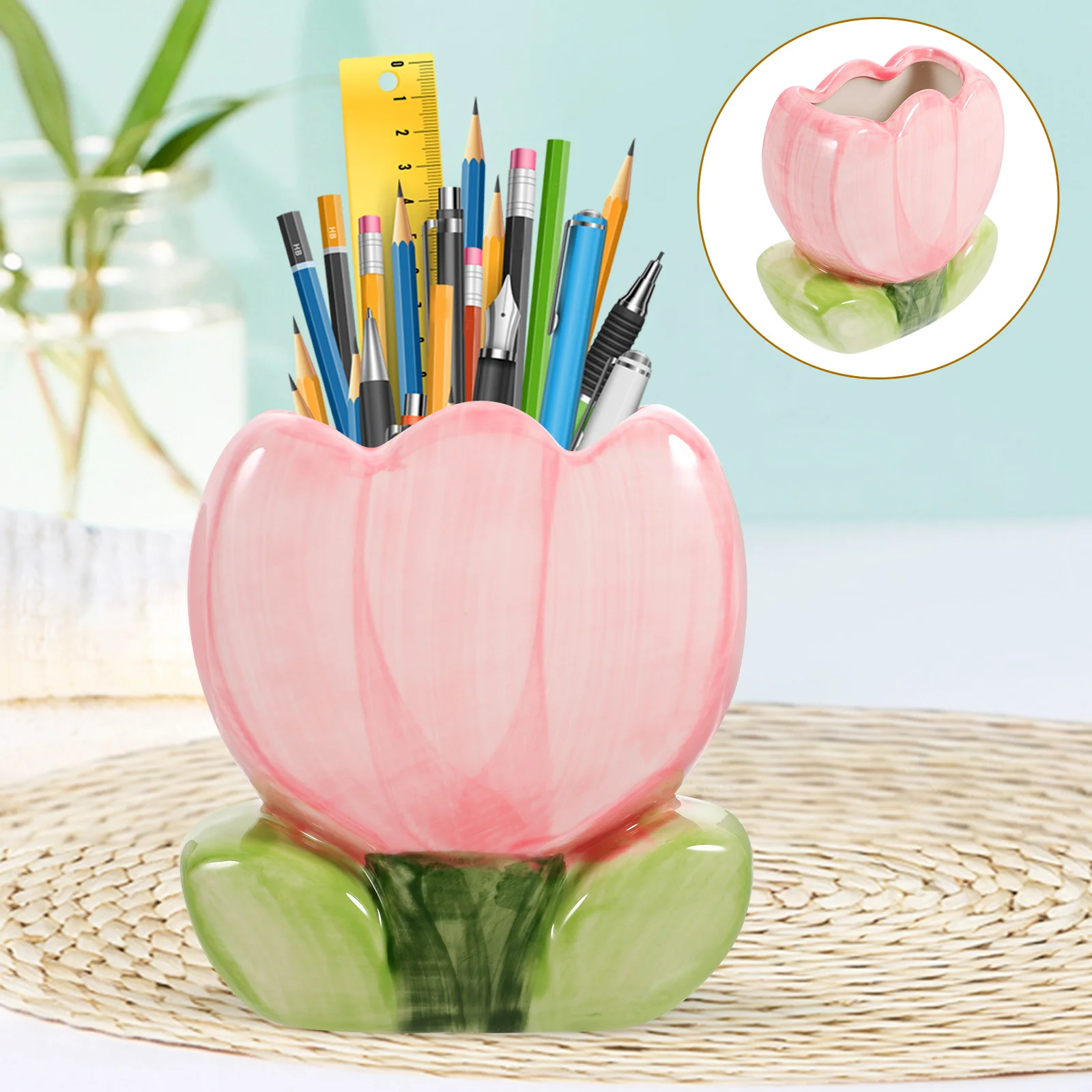 

Tulip Pen Holder Ceramic Desk Organizer Stylish Pencil Cup for Writing Tools Rulers Scissors Desktop Storage Decorative Home