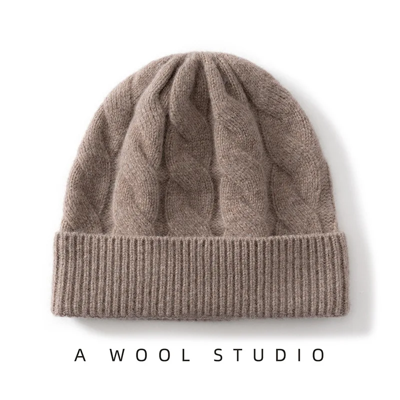 Men 100% Wool Knitted Beanie Hat Thickened Double-layer Twisted Knit Warm Cap Women Outdoor Ski Sports Knitted Hat Solid Color