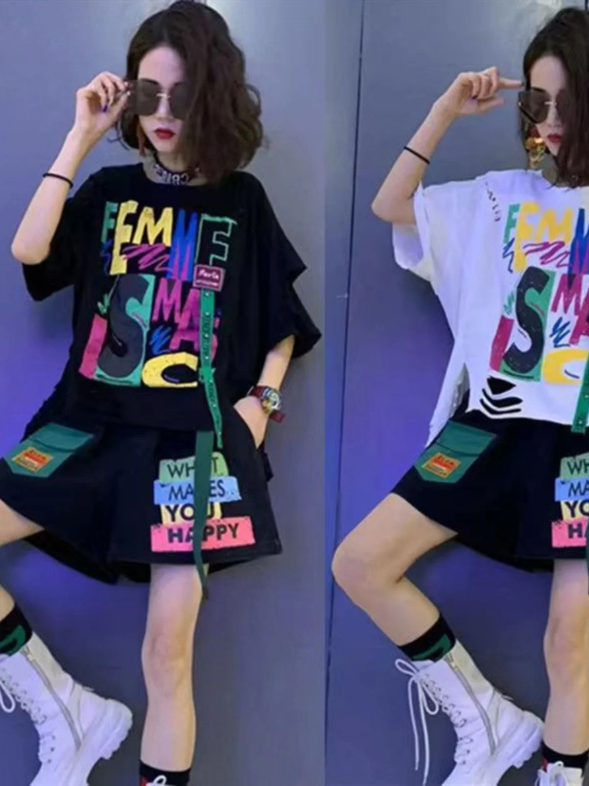 

Faionable Sportswear Set for Women Summer Loose Printed Letter Hole Punch Top orts Casual Two-Piece Set