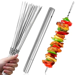 New Stainless Steel Barbecue Skewer with Storage Tube Reusable Flat Grill Sticks Kitchen Outdoor Camping Gadgets BBQ Accessories
