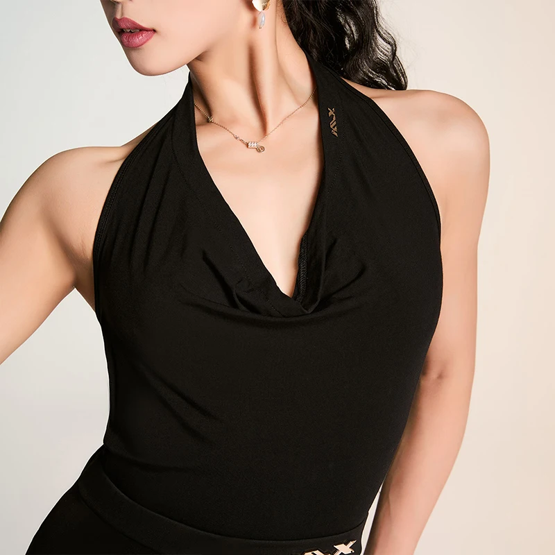 

Spring Summer Professional Latin Dancing Top Sleeveless Full Back View Latin Dance Wear Black Rumba Chacha Bodysuit VBH1394