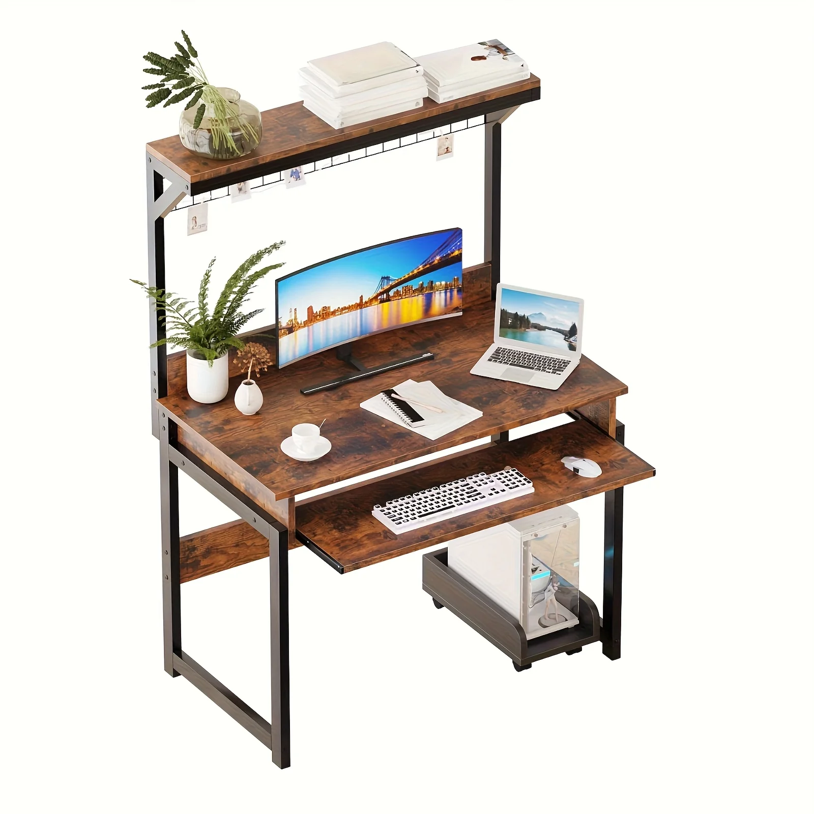 

Study Table Modern Writing Desk with Storage Shelves, Computer Desk with Hutch - 31.5" Modern Home Office Desk