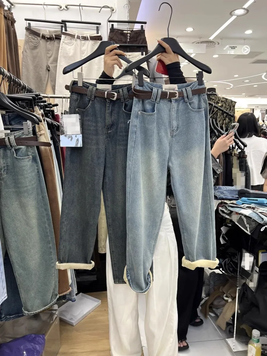 

Thickened Fleece High Waist Denim Jeans Women's Winter New Style Pear Shape plus Size Loose Slim Straight Leg Wide Leg Pants