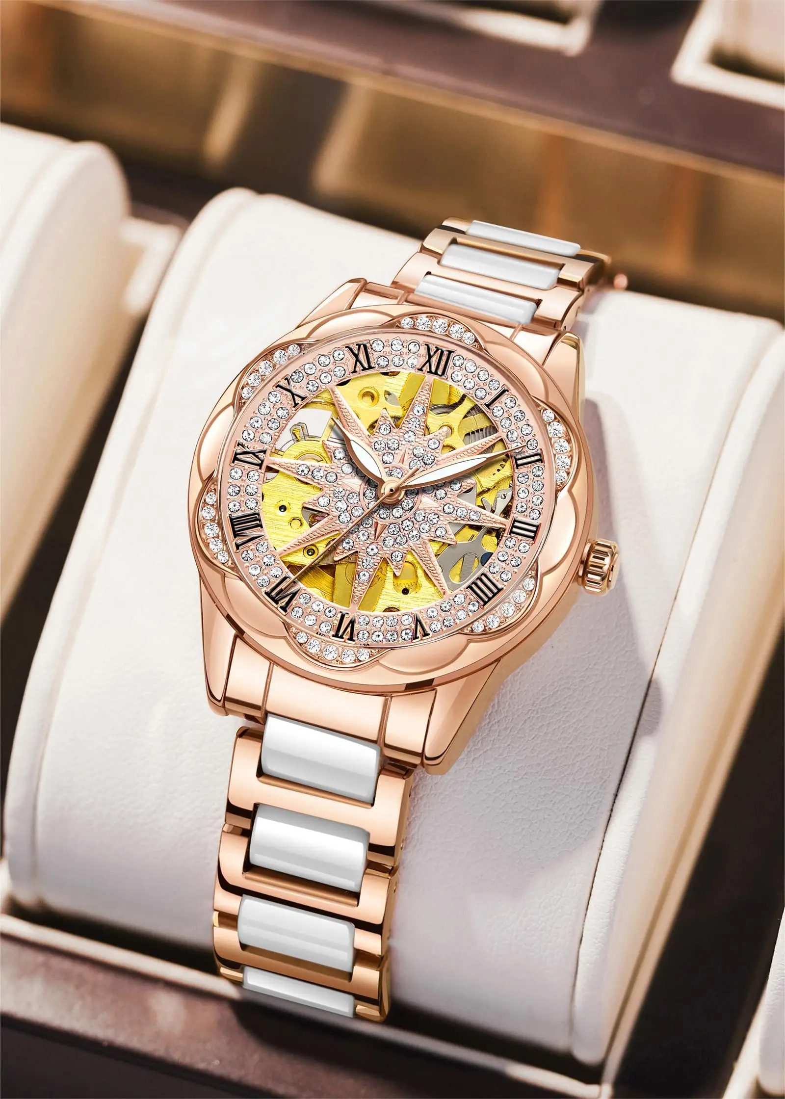 KUERST Lady\'s Ceramic Double Press Butterfly Buckle Mechanical Watch Waterproof Luminous Hollowed out Roman Star Watch