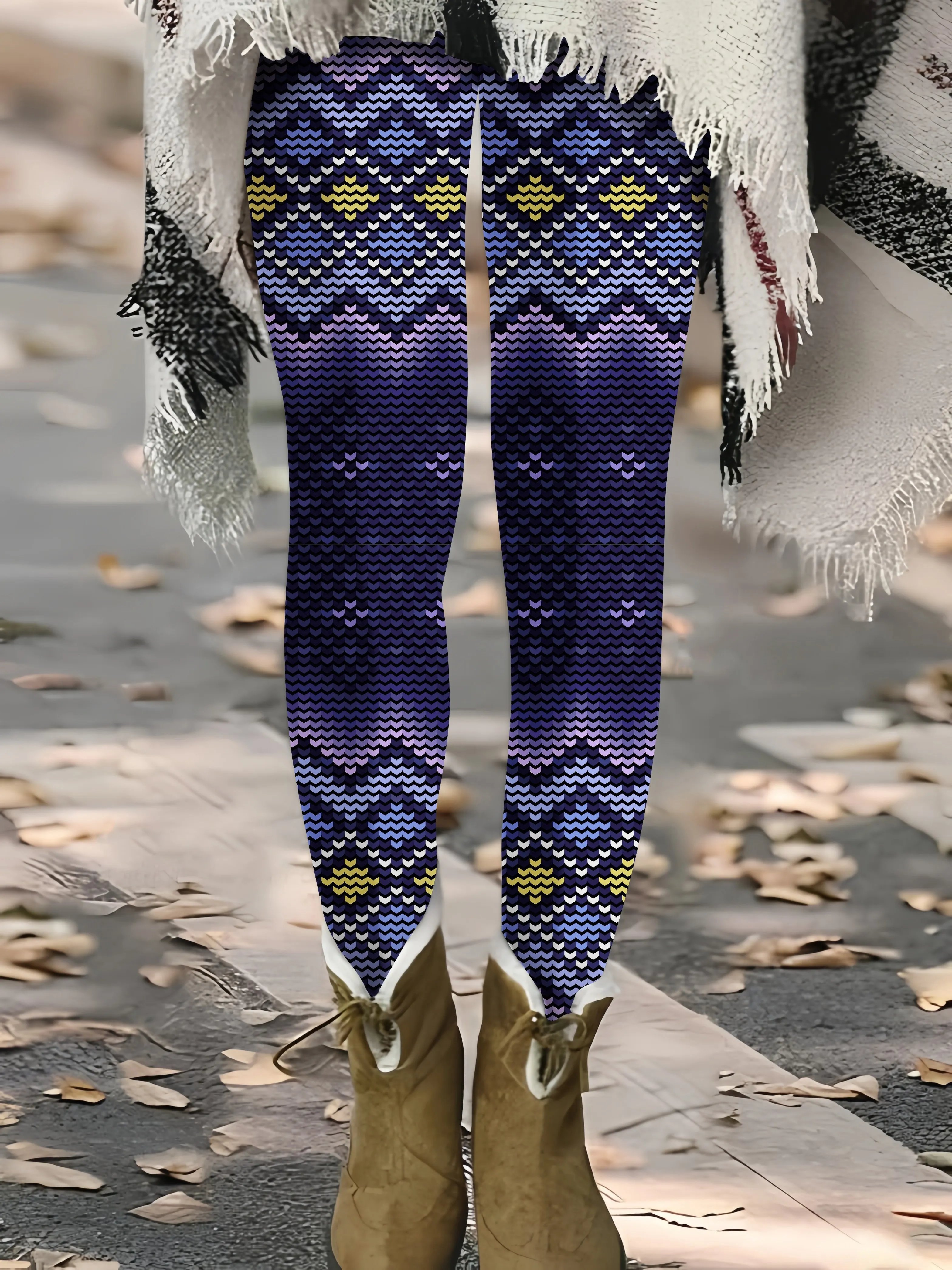 

Women's Purple Blue Chevron Knit Print Leggings Boho Tribal Stretchy Slimming Casual Pants