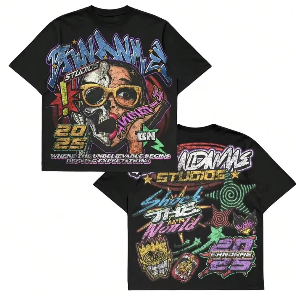 2026Vintage Graffiti Skull Graphic Oversized T-Shirt for Kids Adults Retro Punk Street Art Print Loose Casual Crew Neck