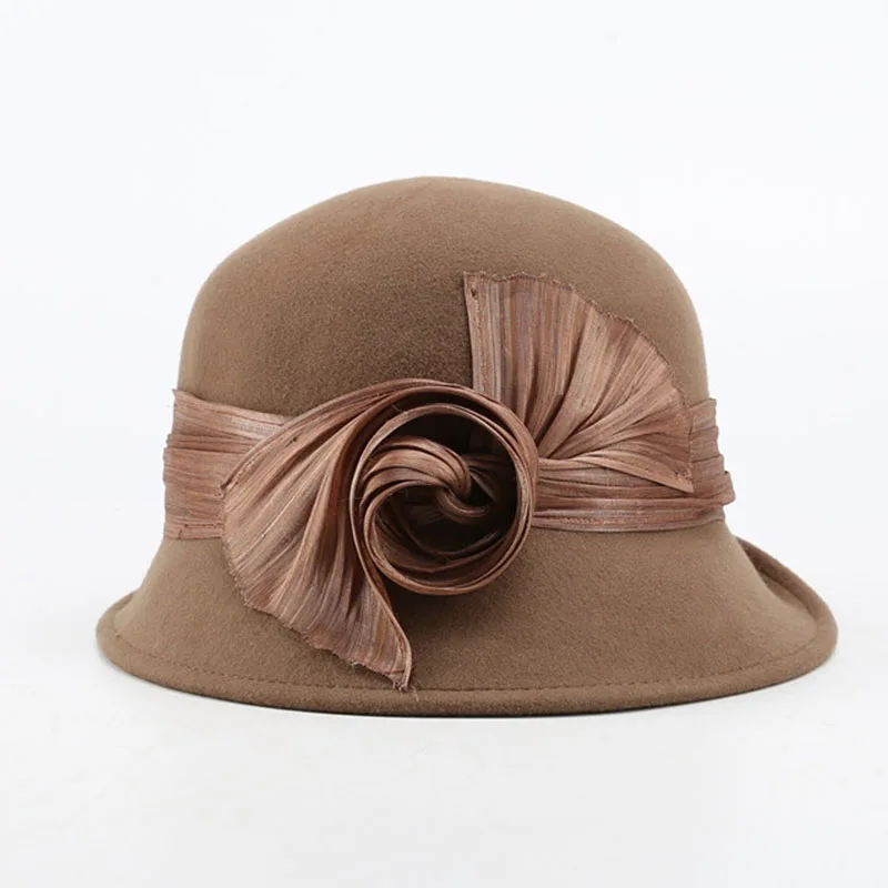 Womens Winter Wool Cap Gatsby 1920s Bucket Hat With Elegant Natural Silk Handmade Flower Cloche Church Wedding Hat