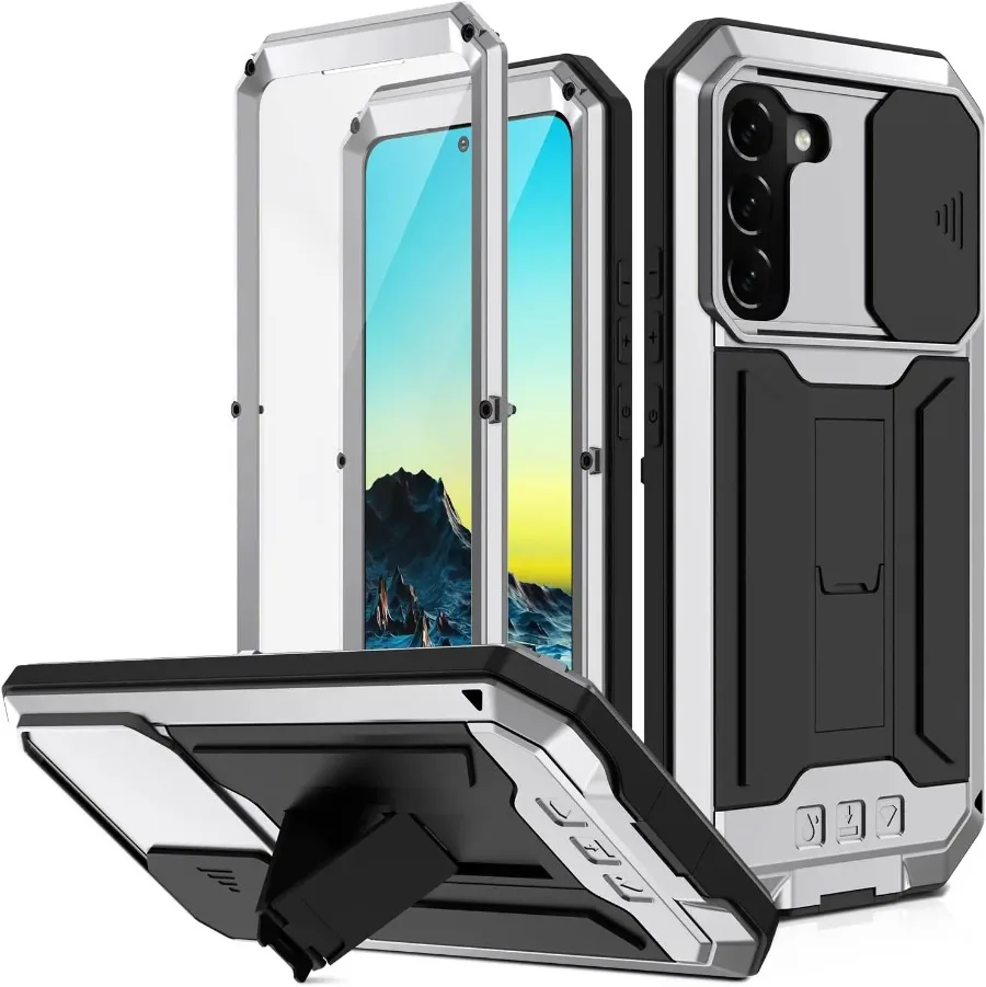 Phone Case For Samsung S22 Ultra S22 Plus Aluminum Metal Shockproof Armor Bumper With Screen Protector Stand Lens Slide Cover