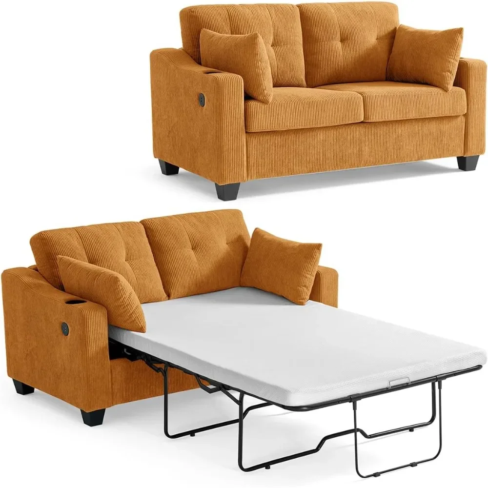 

Full Size Convertible Corduroy Couch Sofa Bed with USB Charging 2-in-1 Living Room Sleeper with Storage Coffee Table Brown/Gray