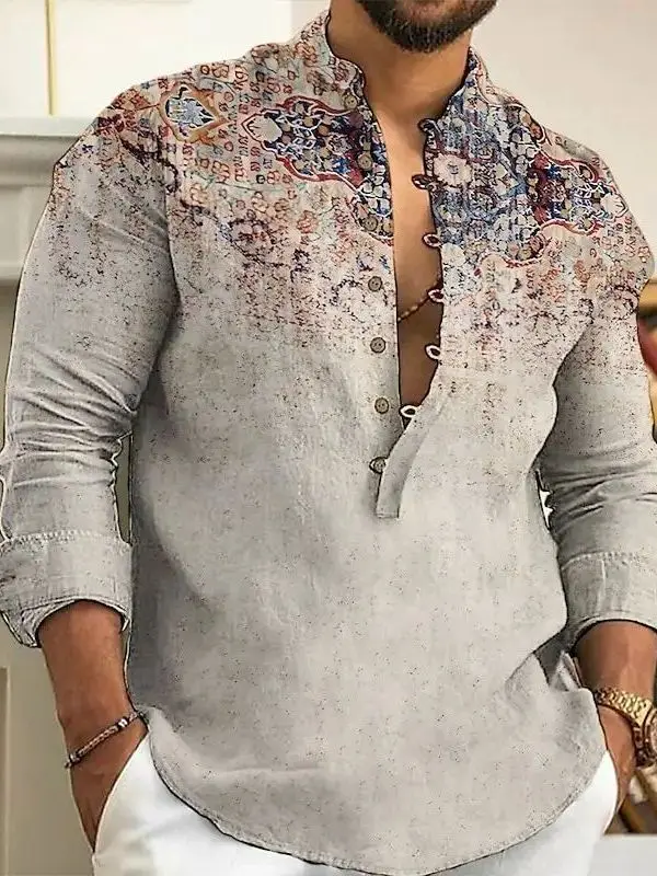 

Casual Printed Stand up Collar Men's Shirt Fashion Urban Polyester Long Sleeve Youth Regular Fit Traditional Chinese Style