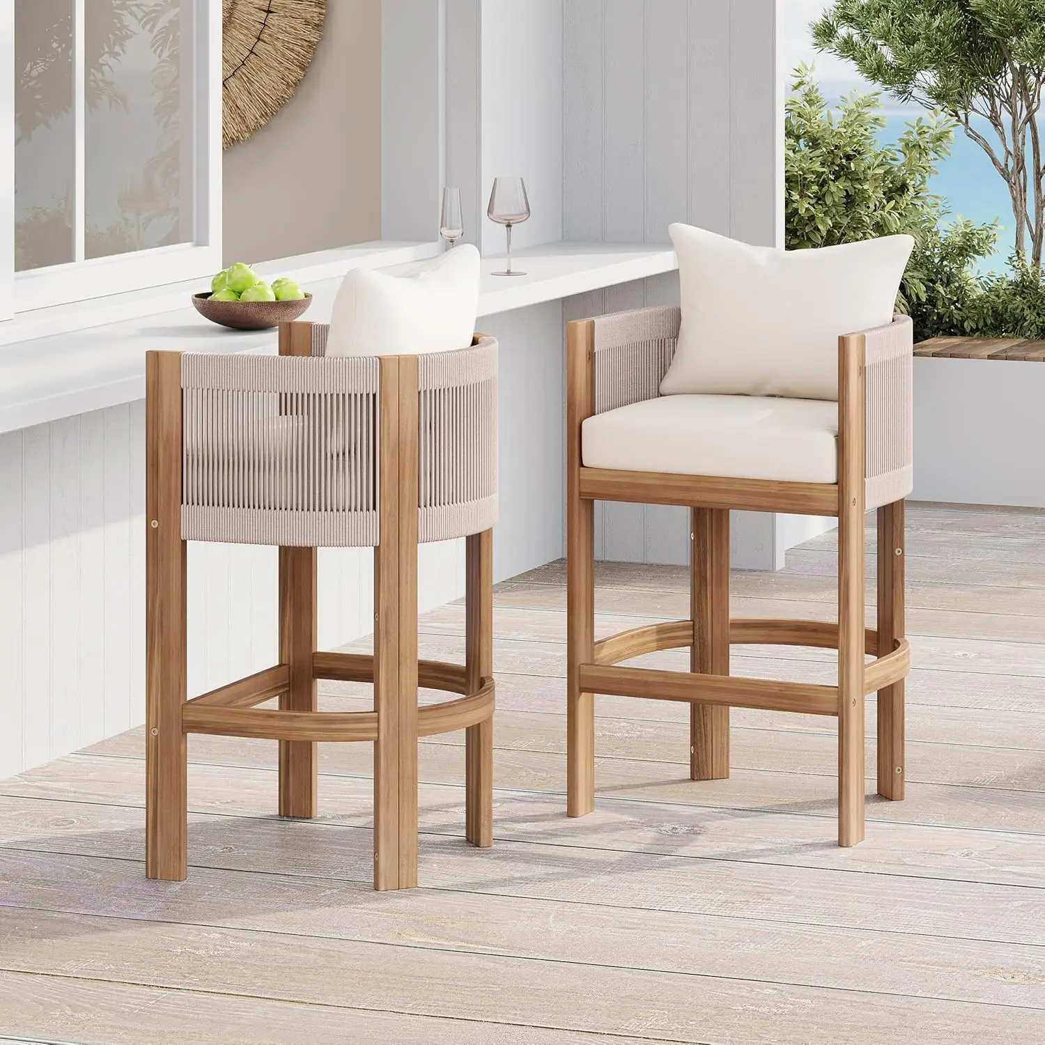 

Modern Bar Stools Set of 2,Rope Woven Outdoor Bar Chairs with Acacia Wood Legs,Wraparound Backrest,Modern Patio &, Customized