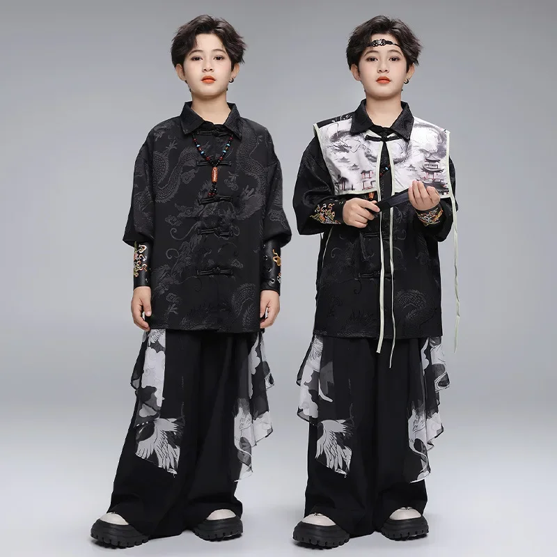 

Chinese Style Children's Clothing Black Dance Suit Stage Costume Jazz Dance Performance Clothes Tops Pants Street Dancewear