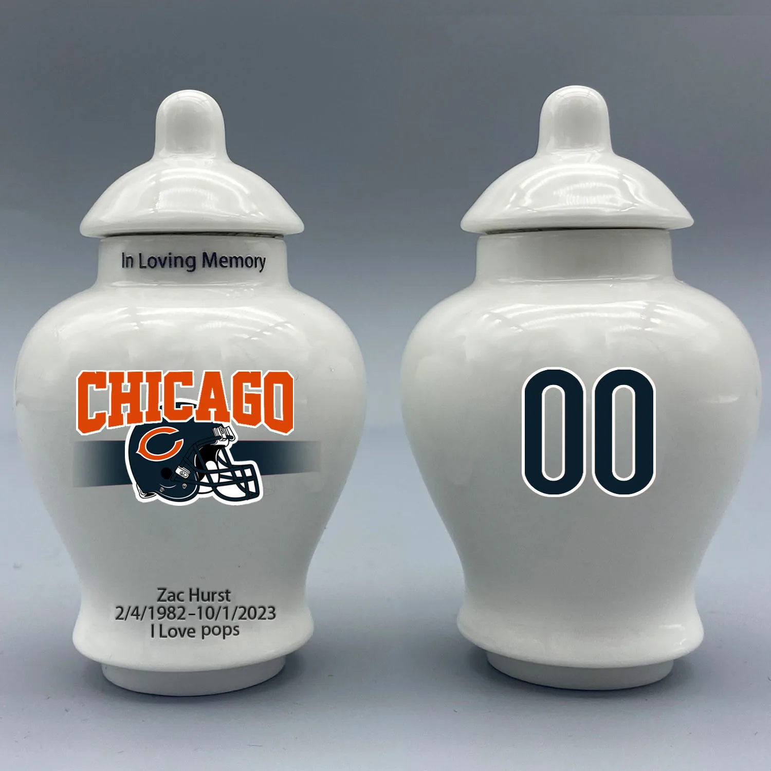 Mini Urn for Chicago Bears-themed Logo Urn.Please send me the customization information - name/date and number on the urn!