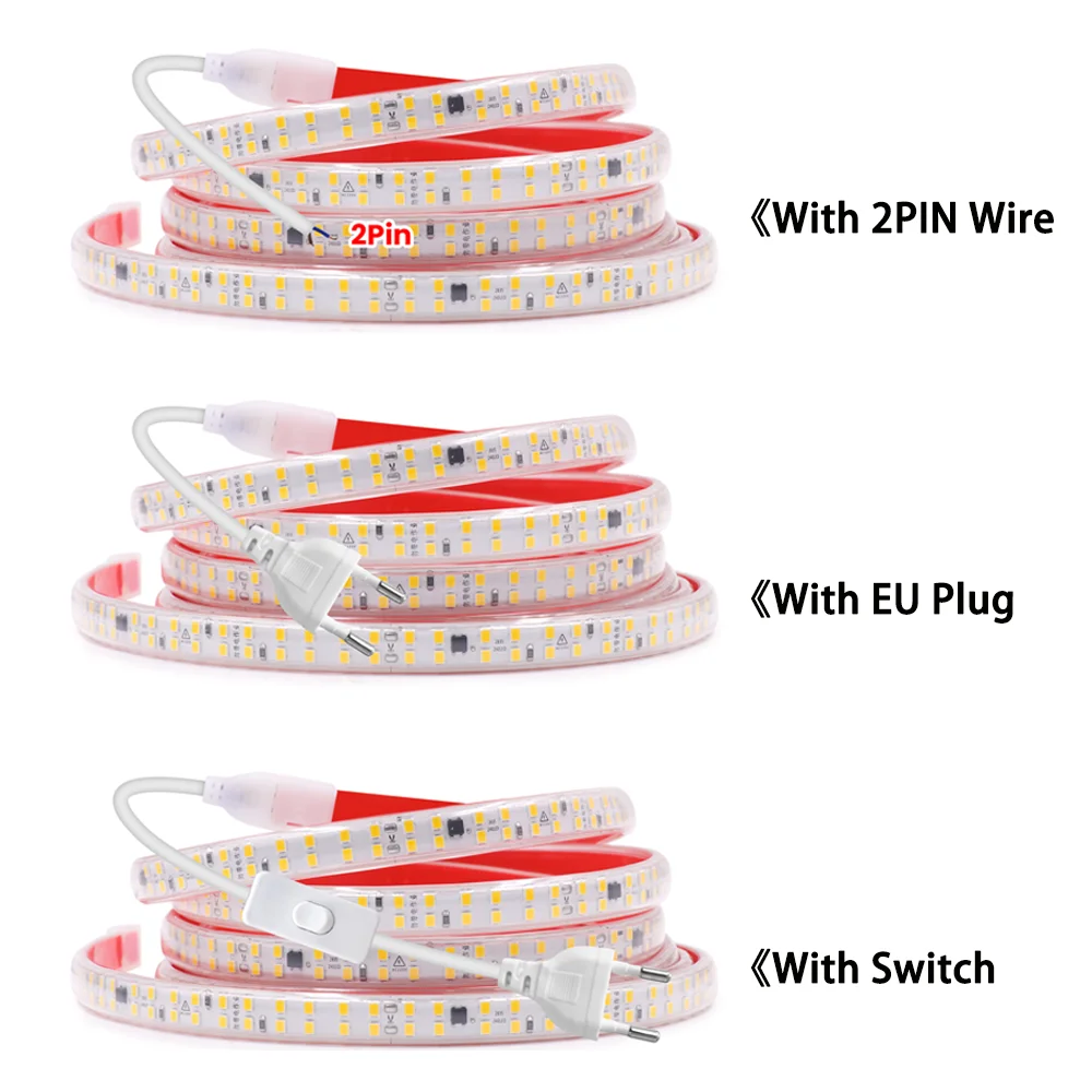 High Bright LED Strip AC 220V 2835 240Leds/m Waterproof Flexible Tape with 2PIN Wire/Power Plug Adhesive Kitchen Outdoor Lamp