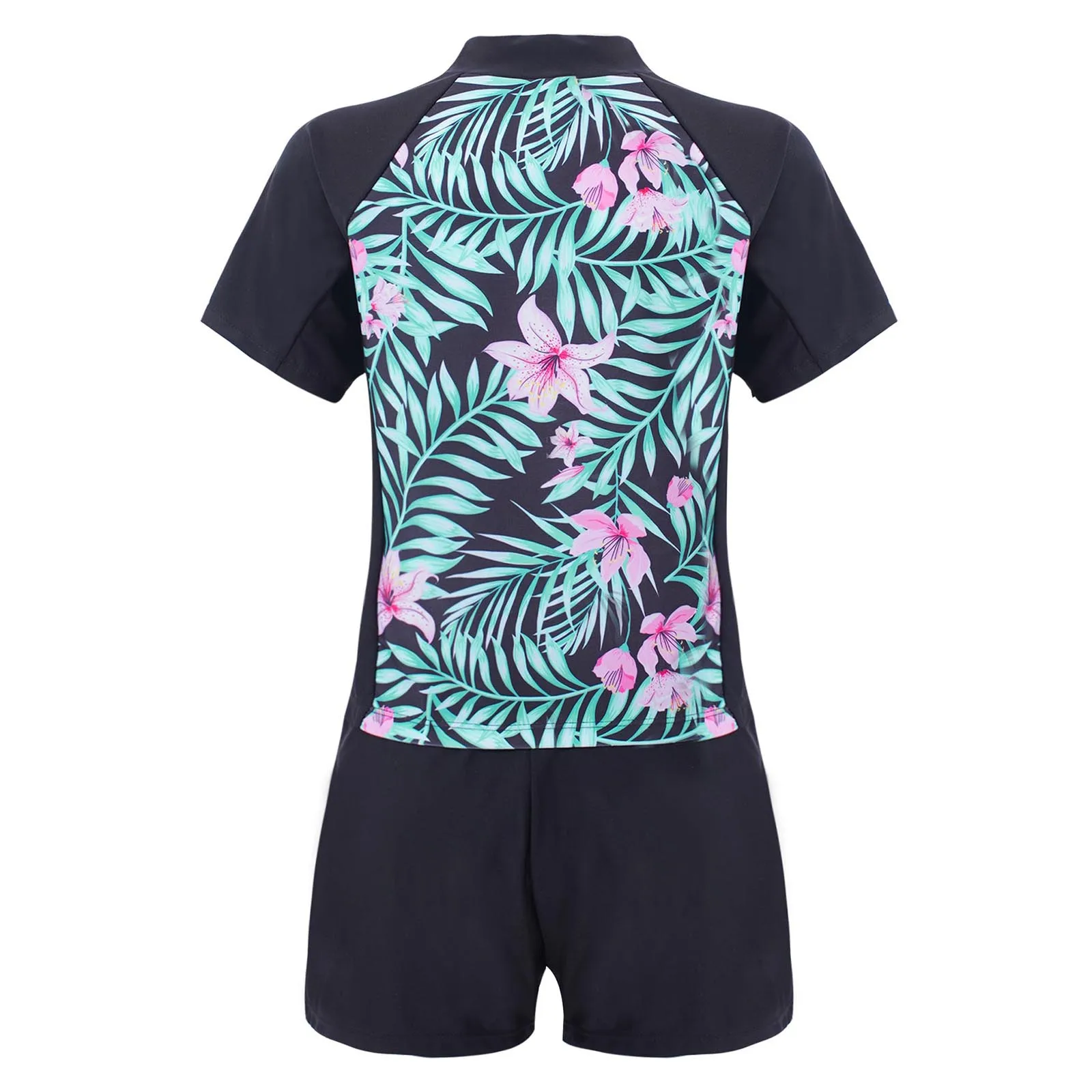 2Pcs Kids Girls Swimming Suit Round Neck Short Sleeves Floral Print Top Drawstring Boyshorts Beach Swimwear Bathing Suits