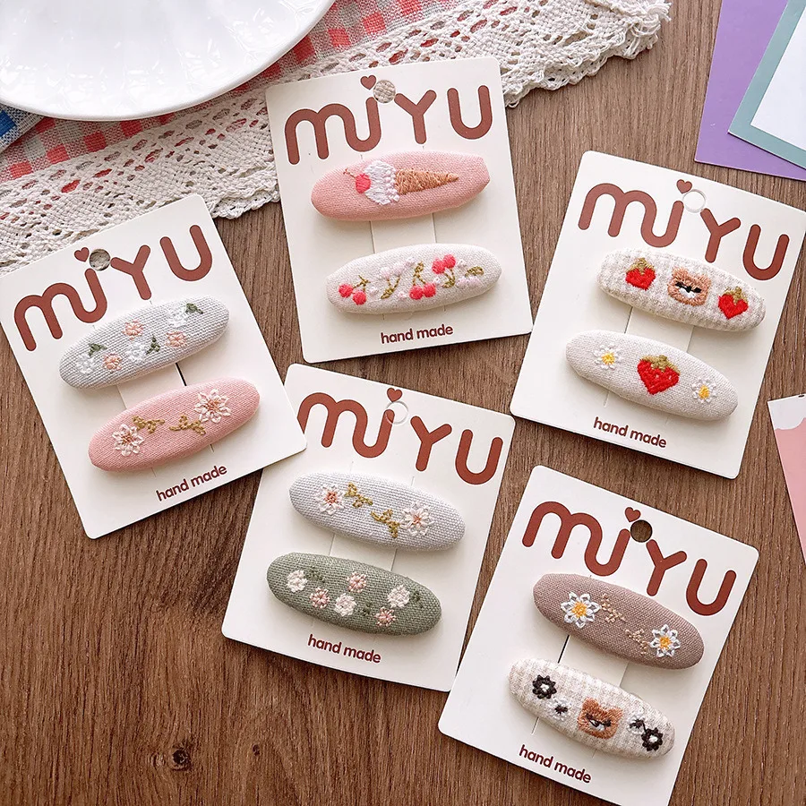 2Pcs/set Cute Korean Forest Style Embroidered Cloth Toddler BB Clips Side Hair Clamps Teen Girls Bangs Ornaments