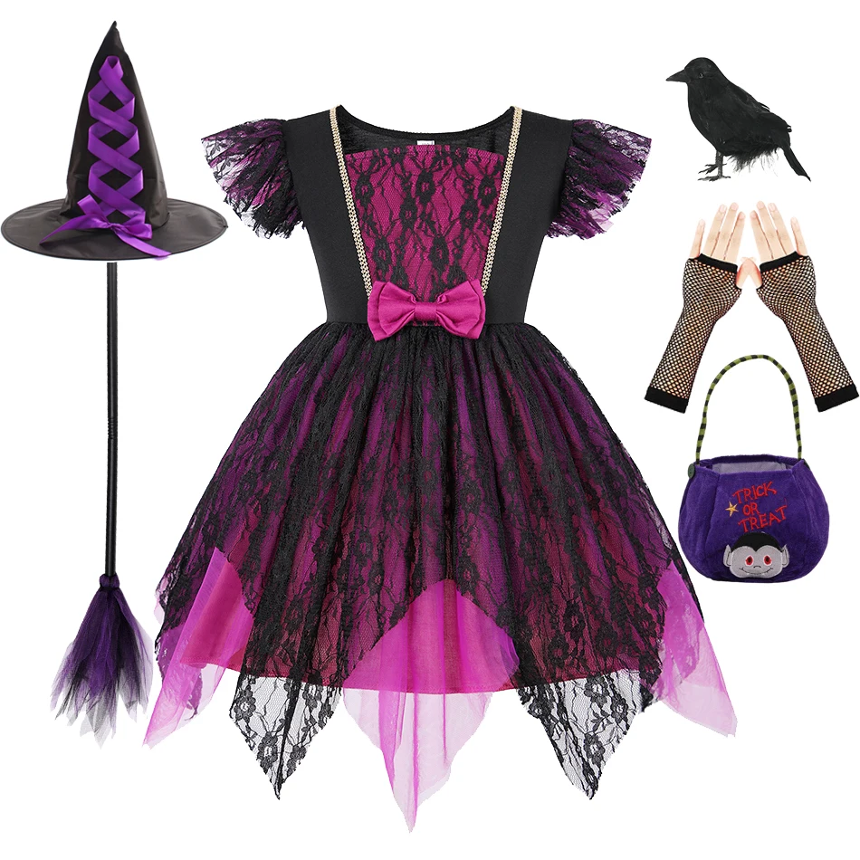 

Halloween Cosplay Witch Costume Hat for Baby Girl Children Carnival Party Gown Infant Witch Dress Clothing Set Fancy Dress