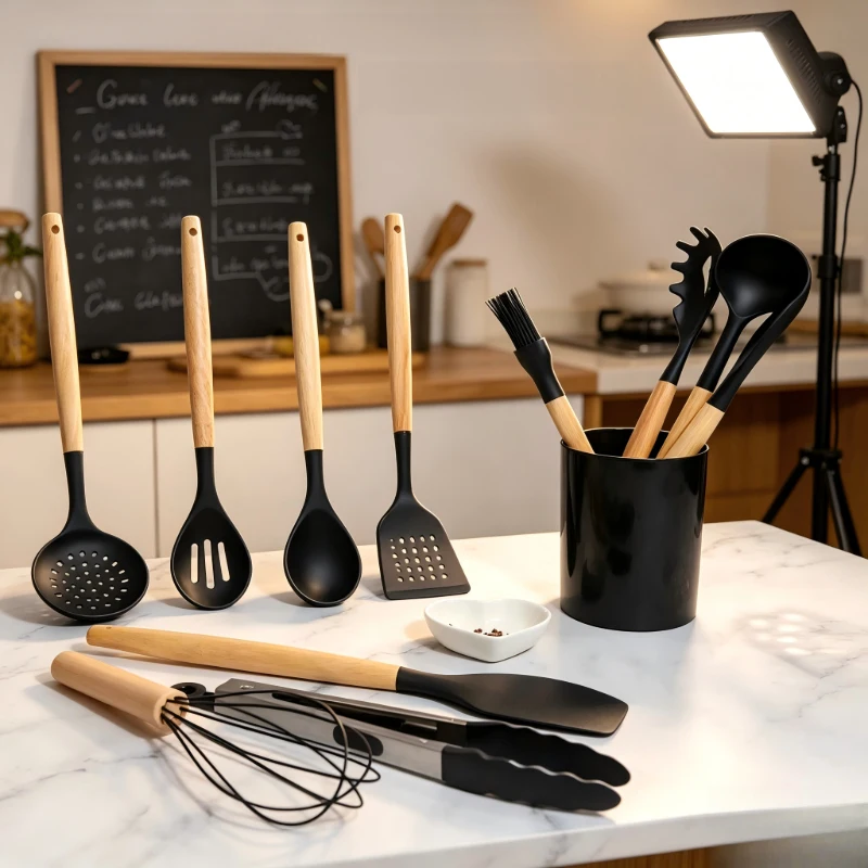 Black Silicone Kitchen Utensils 12Pcs Wooden Handle Non-Stick Cookware Set with Color Box Packaging for Home Chef