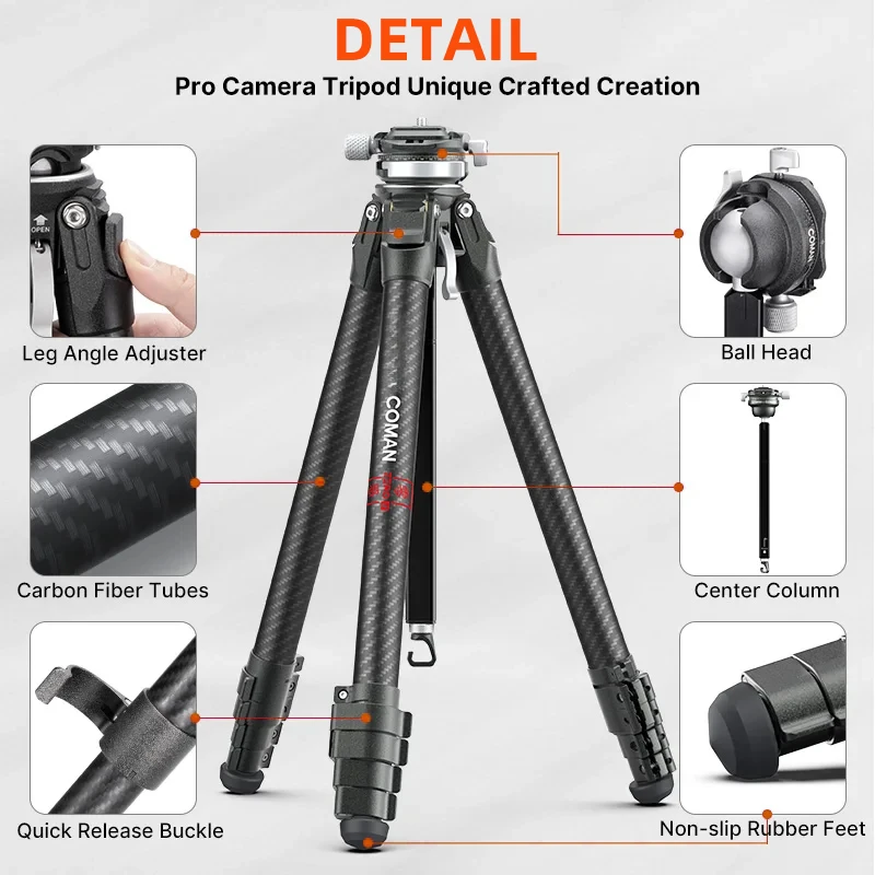 COMAN Zero-Y Lightweight Travel Tripod Full Carbon Professional Outdoor Tripod With Panoramic Ball Head Tripod For Film Shooting