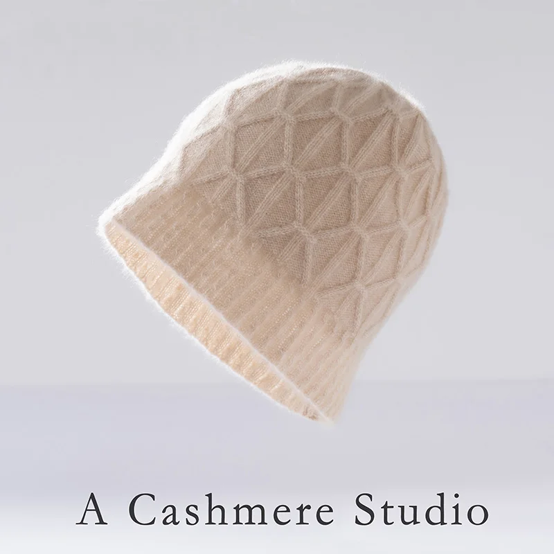 2025 High Quality Winter New Pure Cashmere Brimless Hat Diamond Grid Knitted Women's Thick Warm Outdoor Cold Proof Thick Hat