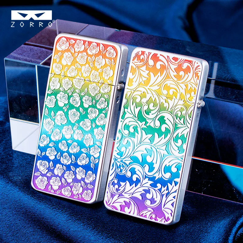 ZORRO Brass Ultra Thin Rainbow Tang Grass Rose Windproof Open Flame Kerosine Lighter Grinding Wheel Ignited Exquisite Lighters