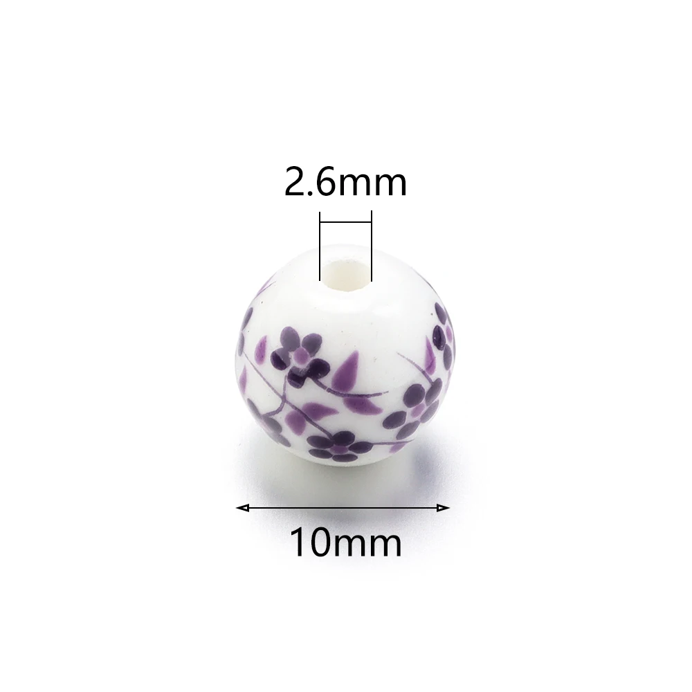 50pcs 10mm Round Ceramic Beads Flower Patterns Porcelain Beads Loose Spacer Besds For DIY Crafts Bracelet Jewelry Making