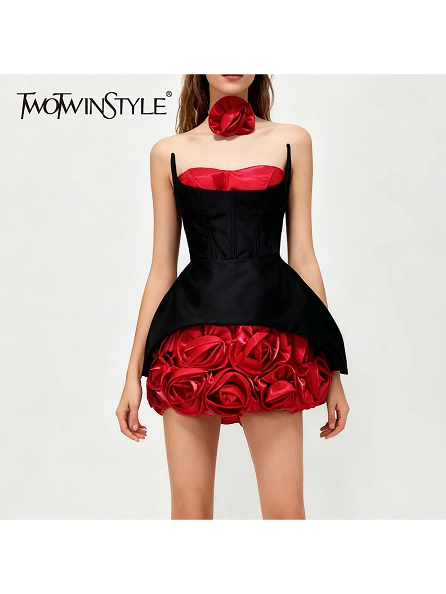 TWOTWINSTYLE Slimming Spliced 3D Flower Fashion Mini Dresses for Women Strapless Sleeveless High Waist Elegant Dress Female New