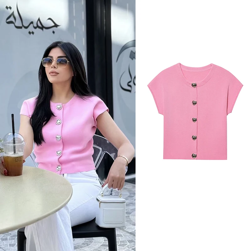 

Women's Tops Summer New Chic Pink O-neck Knitted Elegant Holiday Travel Tops Women's Street Fashion Young Student Tops