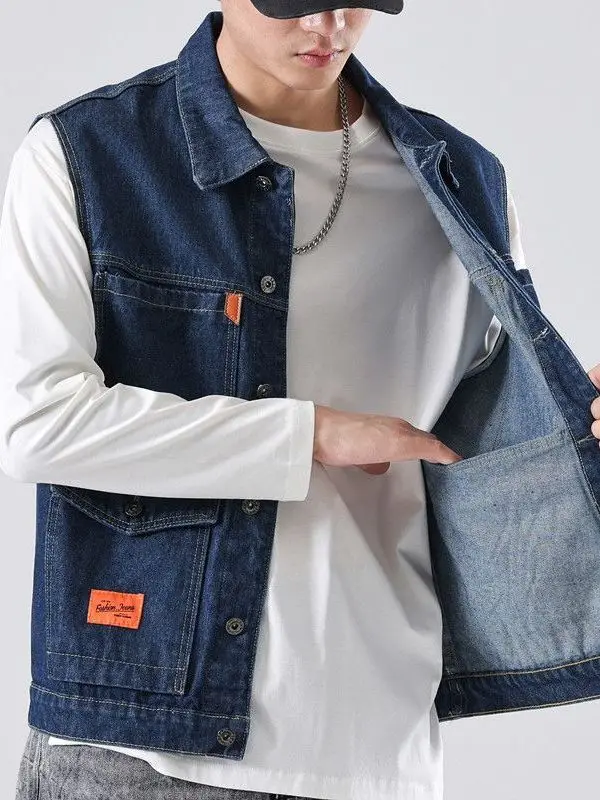 Wear-Resistant Denim Vest for Men Loose Fit Multi-Pocket Workwear Casual Youthful Style Autumn Outerwear