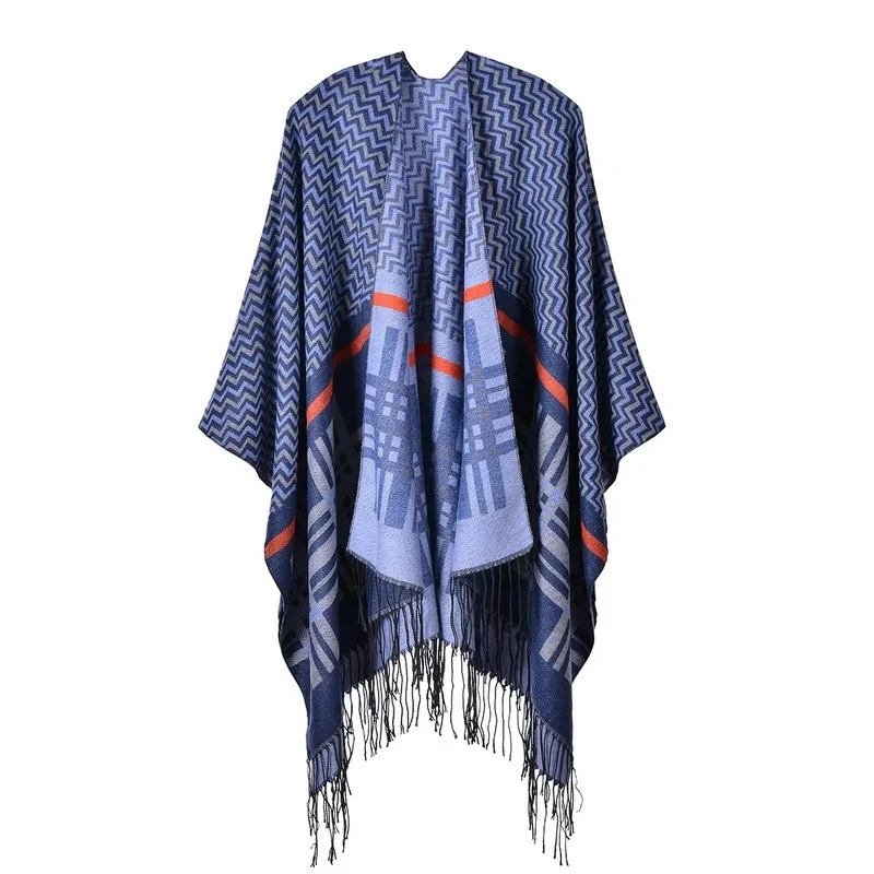 

European American Street Women's Cross Wavy Geometric Shape Classic Cashmere Shawl Enlarged Thickened Cloak Ponchos Blue