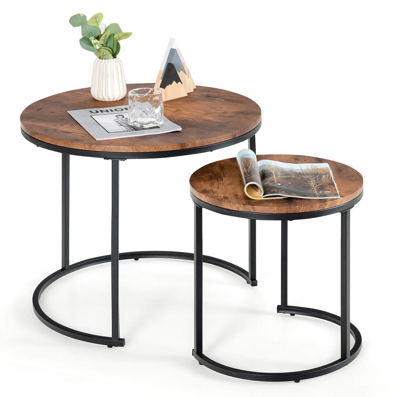 Nesting Coffee Table Set of 2 for Balcony Living Room Modern Round Side Tables