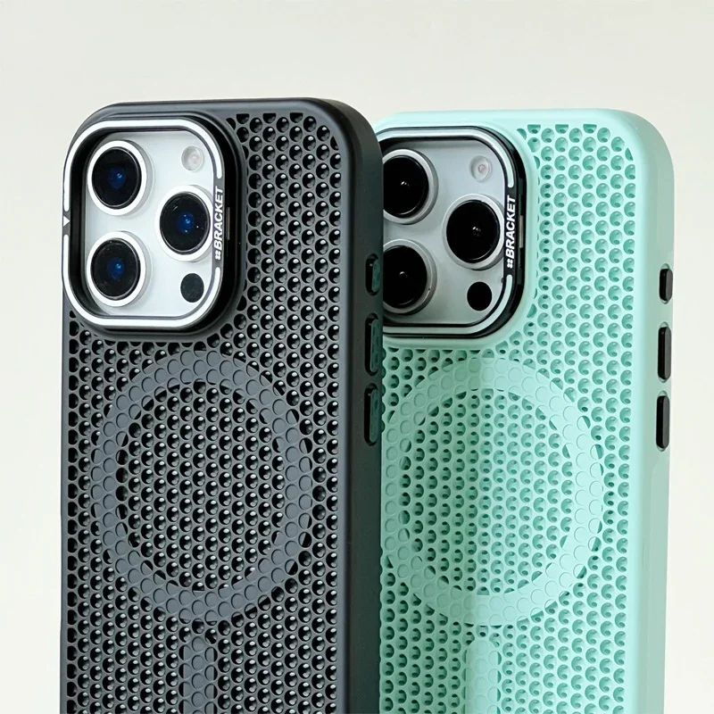 Funda con rejilla de panal para disipación de calor, compatible con MagSafe para iPhone 16 17 Pro Max 15 14 13 12 11, soporte de lente de aleación, carga inalámbrica 3