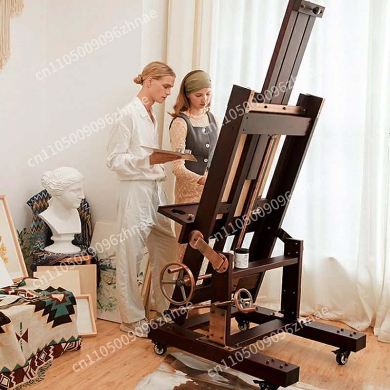 Beech Hand-cranked Jumbo Large Oil Painting Easel Wood Display Easel Canvas Board Adjustable Flat Stand Dual-use