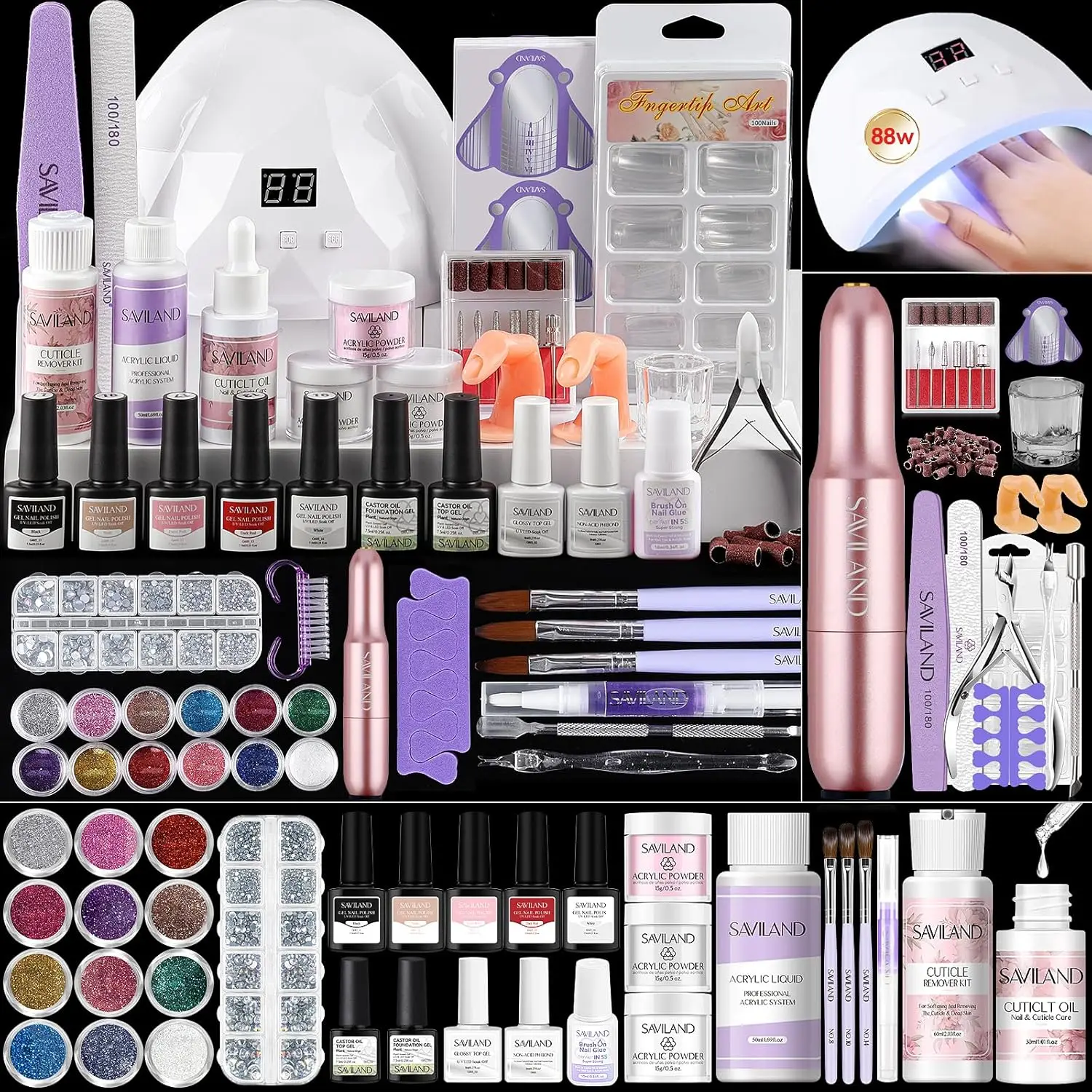 Kit complet d'ongles en acrylique avec lampe 88W, vernis Gel, perceuse et outils pour les ongles de Salon de bricolage à domicile