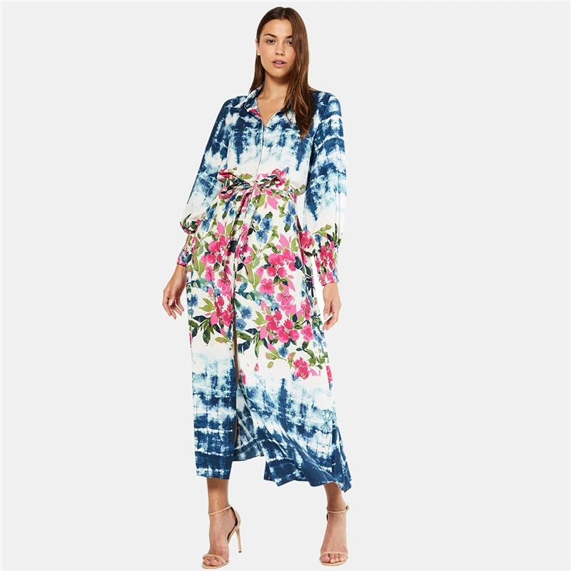 T-Shirt Kleid Frauen Sommer Floral Maxi Gürtel Lange Kleider Boho Oversize Drehen Unten Kragen Blume Drucken Tropical Kaftan Abdeckung Ups