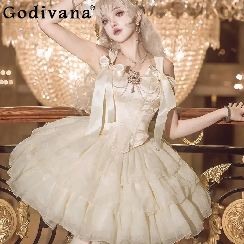 

Champagne Gold Jacquard Waist Slim Girdle Corset French Ballet Puffy Skirt 2 Piece Set Girl Women's Lolita Birthday Party Dress
