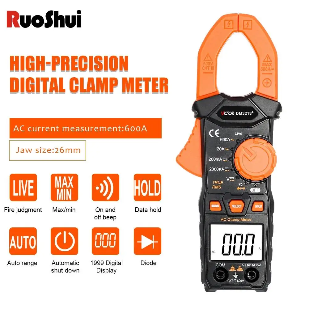 Ruoshui Victor 3218+ Digital Clamp Multimeter Ture RMS Auto Range Diode Resistance Frequency AC/DC 600V/A Live Wire Clamp Meters