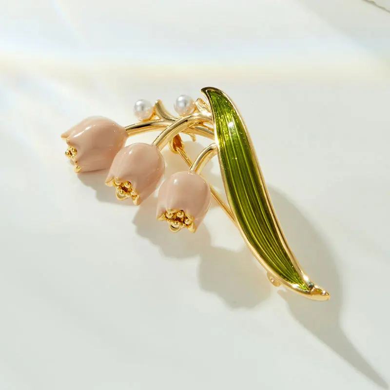 Chinese Style Elegant Enamel Lily Of The Valley Brooch With Faux Pearl Women Lapel Pin For Suit Dress Coat Party Daily Wear Jewe